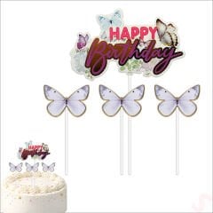 Kelebekli Happy Birthday Pasta Süsü 4’lü Set - Mor