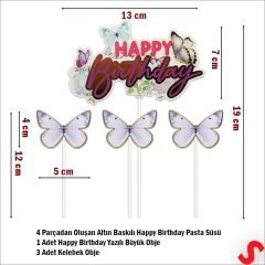 Kelebekli Happy Birthday Pasta Süsü 4’lü Set - Mor