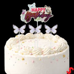 Kelebekli Happy Birthday Pasta Süsü 4’lü Set - Mor