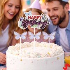 Kelebekli Happy Birthday Pasta Süsü 4’lü Set - Mor