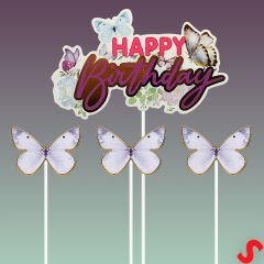 Kelebekli Happy Birthday Pasta Süsü 4’lü Set - Mor