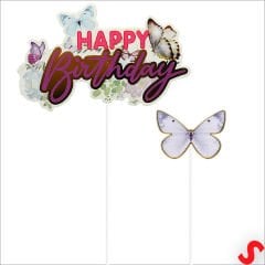 Kelebekli Happy Birthday Pasta Süsü 4’lü Set - Mor