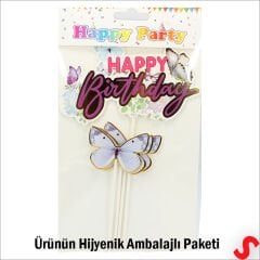 Kelebekli Happy Birthday Pasta Süsü 4’lü Set - Mor