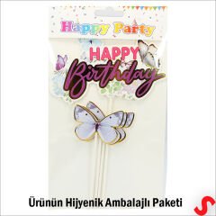 Kelebekli Happy Birthday Pasta Süsü 4’lü Set - Mor
