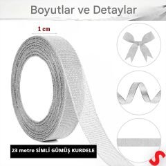 Parlak Simli Organze Kurdele, 1 cm x 23 mt - Gümüş