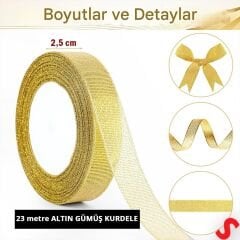 Parlak Simli Organze Kurdele, 2,5 cm x 23 mt - Altın
