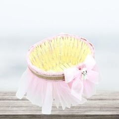 Ayıcıklı Tüllü Oval Sepet, Pembe Süslü