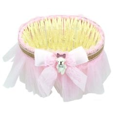 Ayıcıklı Tüllü Oval Sepet, Pembe Süslü