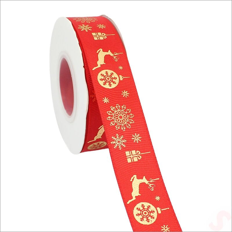 Altın Baskılı Yılbaşı Grogren Kurdele, 2,5cm x 23mt - Kırmızı