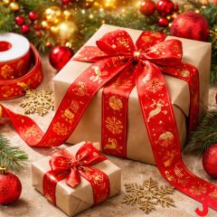 Altın Baskılı Yılbaşı Grogren Kurdele, 2,5cm x 23mt - Kırmızı