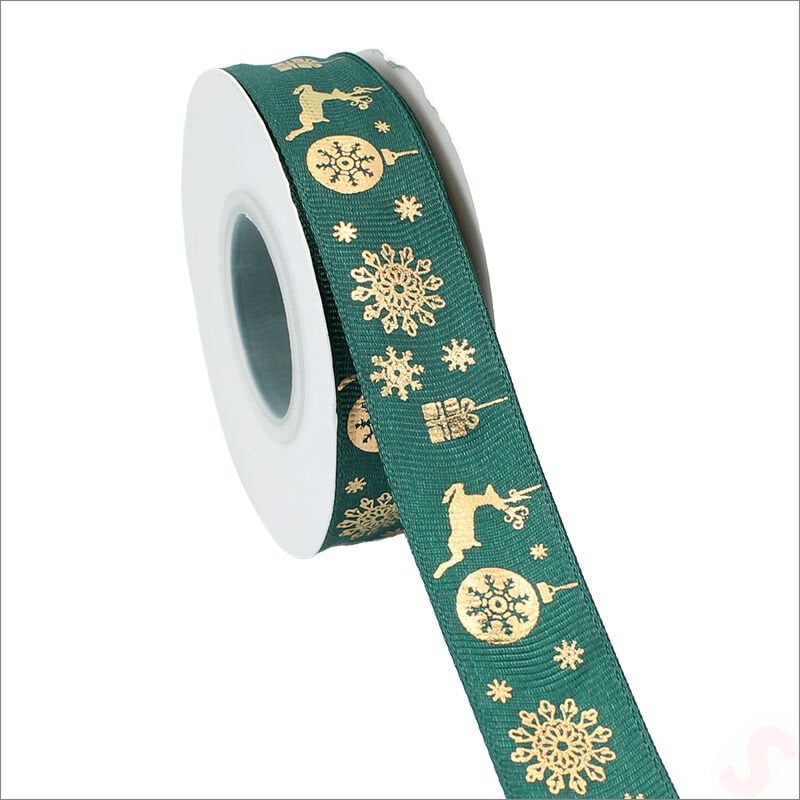 Altın Baskılı Yılbaşı Grogren Kurdele, 2,5cm x 23mt - Yeşil