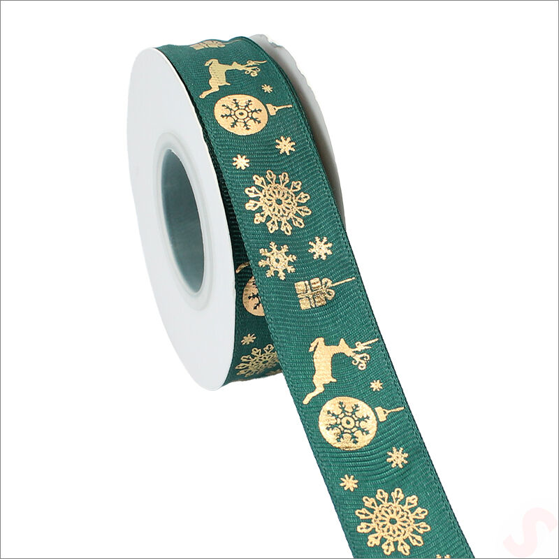 Altın Baskılı Yılbaşı Grogren Kurdele, 2,5cm x 23mt - Yeşil