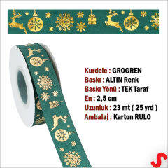 Altın Baskılı Yılbaşı Grogren Kurdele, 2,5cm x 23mt - Yeşil