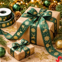 Altın Baskılı Yılbaşı Grogren Kurdele, 2,5cm x 23mt - Yeşil