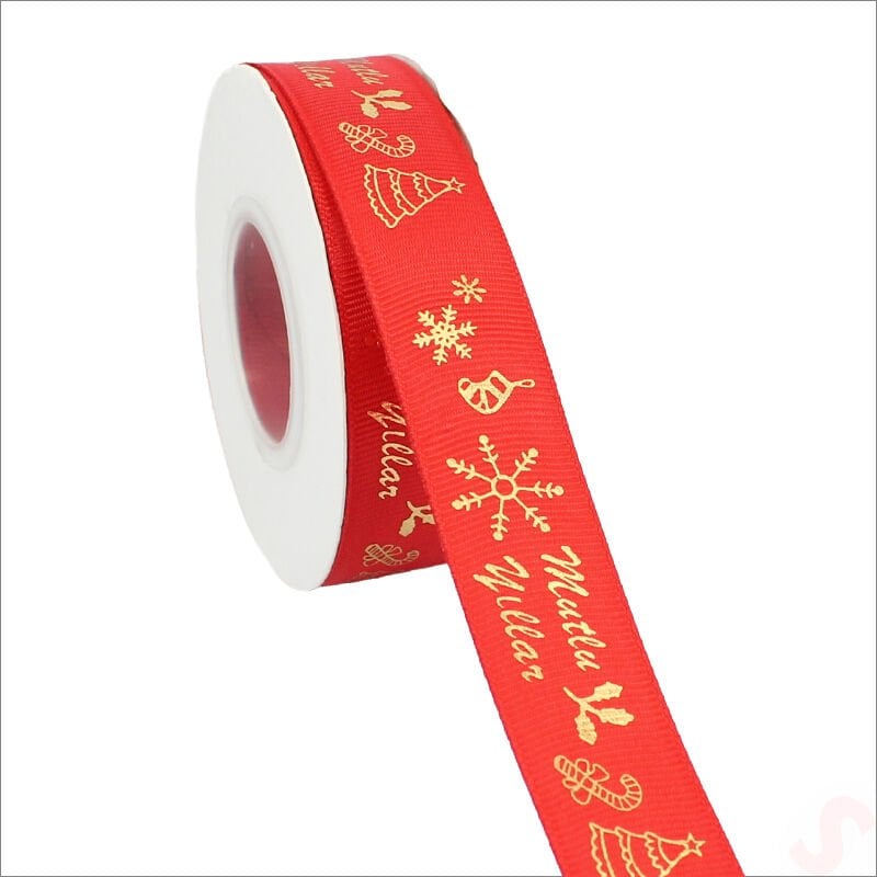 Yılbaşı Mutlu Yıllar Altın Baskılı Grogren Kurdele, 2,5cm x 23mt - Kırmızı