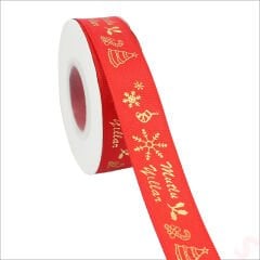 Yılbaşı Mutlu Yıllar Altın Baskılı Grogren Kurdele, 2,5cm x 23mt - Kırmızı