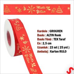 Yılbaşı Mutlu Yıllar Altın Baskılı Grogren Kurdele, 2,5cm x 23mt - Kırmızı