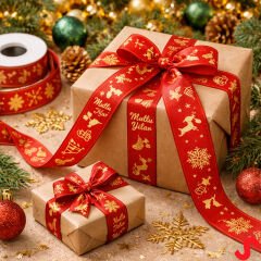 Yılbaşı Mutlu Yıllar Altın Baskılı Grogren Kurdele, 2,5cm x 23mt - Kırmızı