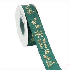 Yılbaşı Mutlu Yıllar Altın Baskılı Grogren Kurdele, 2,5cm x 23mt - Yeşil