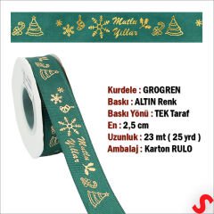 Yılbaşı Mutlu Yıllar Altın Baskılı Grogren Kurdele, 2,5cm x 23mt - Yeşil