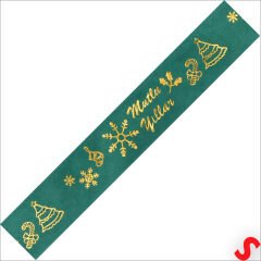 Yılbaşı Mutlu Yıllar Altın Baskılı Grogren Kurdele, 2,5cm x 23mt - Yeşil