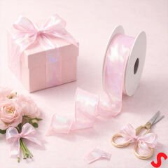 Hologram Efektli Organze Kurdele, 4 cm x 9,15 mt - Pembe