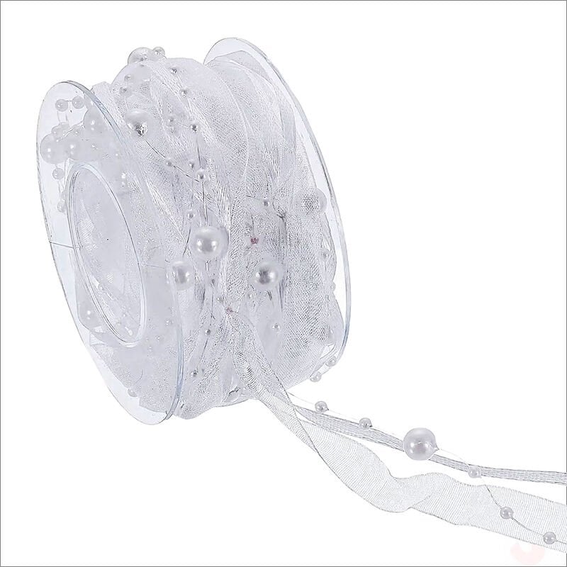 İncili ve Satenli Organze Kurdele, 4 cm x 4,57 mt - Beyaz