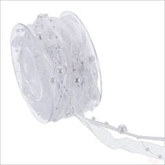 İncili ve Satenli Organze Kurdele, 4 cm x 4,57 mt - Beyaz