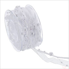 İncili ve Satenli Organze Kurdele, 4 cm x 4,57 mt - Beyaz