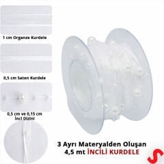 İncili ve Satenli Organze Kurdele, 4 cm x 4,57 mt - Beyaz
