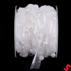 İncili ve Satenli Organze Kurdele, 4 cm x 4,57 mt - Beyaz