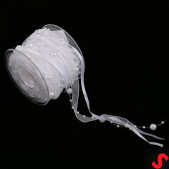 İncili ve Satenli Organze Kurdele, 4 cm x 4,57 mt - Beyaz