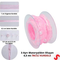 İncili ve Satenli Organze Kurdele, 4 cm x 4,57 mt - Pembe