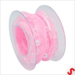 İncili ve Satenli Organze Kurdele, 4 cm x 4,57 mt - Pembe