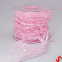 İncili ve Satenli Organze Kurdele, 4 cm x 4,57 mt - Pembe