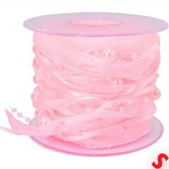 İncili ve Satenli Organze Kurdele, 4 cm x 4,57 mt - Pembe