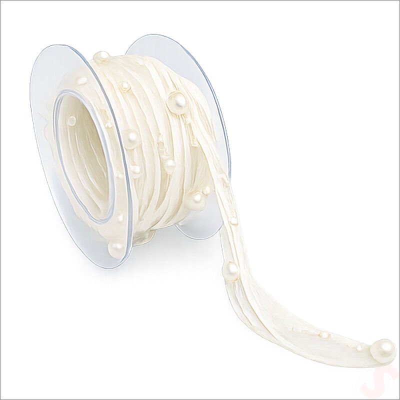 İncili ve Satenli Organze Kurdele, 4 cm x 4,57 mt - Krem