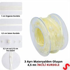 İncili ve Satenli Organze Kurdele, 4 cm x 4,57 mt - Krem