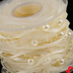 İncili ve Satenli Organze Kurdele, 4 cm x 4,57 mt - Krem