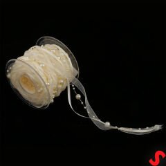 İncili ve Satenli Organze Kurdele, 4 cm x 4,57 mt - Krem