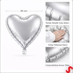 Kalp Folyo Balon, 45 cm - Gümüş