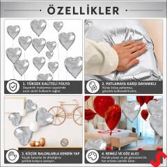 Kalp Folyo Balon, 45 cm - Gümüş