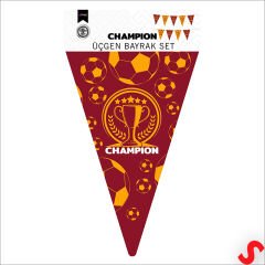 Futbol Temalı Sarı Kırmızı Champion Üçgen Bayrak Flama, 2.4mt