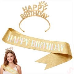 Happy Birthday Taç ve Kuşak Seti - Altın