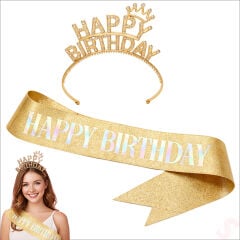 Happy Birthday Taç ve Kuşak Seti - Altın