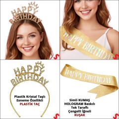 Happy Birthday Taç ve Kuşak Seti - Altın