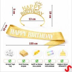 Happy Birthday Taç ve Kuşak Seti - Altın