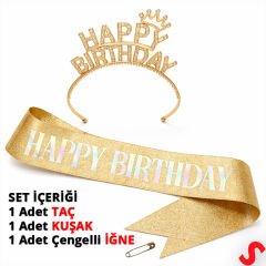 Happy Birthday Taç ve Kuşak Seti - Altın