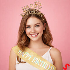 Happy Birthday Taç ve Kuşak Seti - Altın
