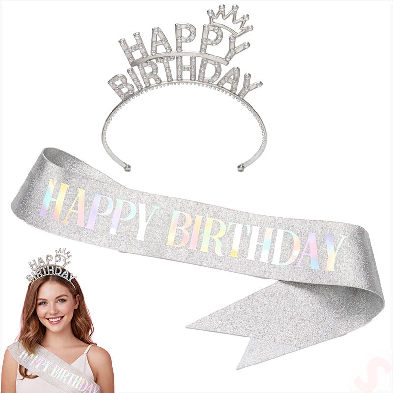 Happy Birthday Taç ve Kuşak Seti - Gümüş